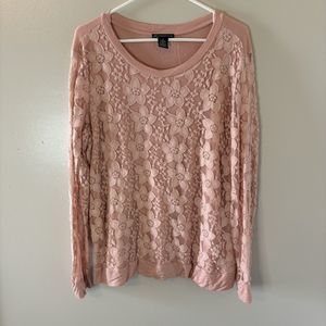 Adrianna Papell Long Sleeve Top Blush Pink Lace Overlay Shirt Size XL